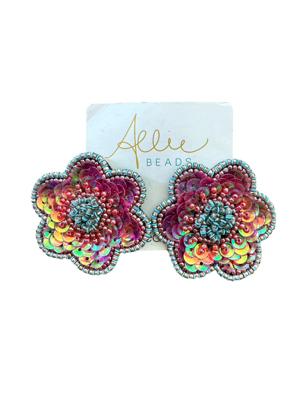 Allie Beads Sequin Flower Statement Stud Earrings Hand Beaded Pink MSRP $52
